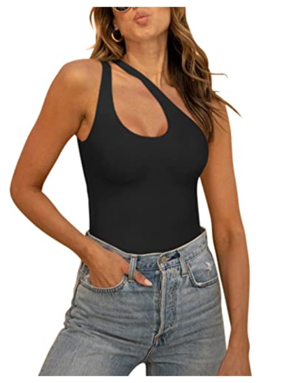 REORIA Butsmooth Plunge One Shoulder Sleeveless V Backless Tank Bodysuit
